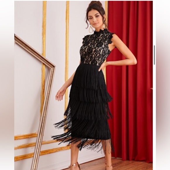chinese dress ladies Midnight Mystique Black Lace Fringe Dress
